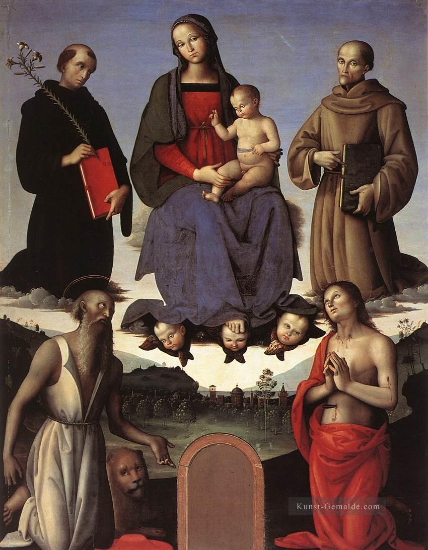 Madonna und Kind mit vier Heiligen Tezi Altarretabel 1500 Renaissance Pietro Perugino Ölgemälde